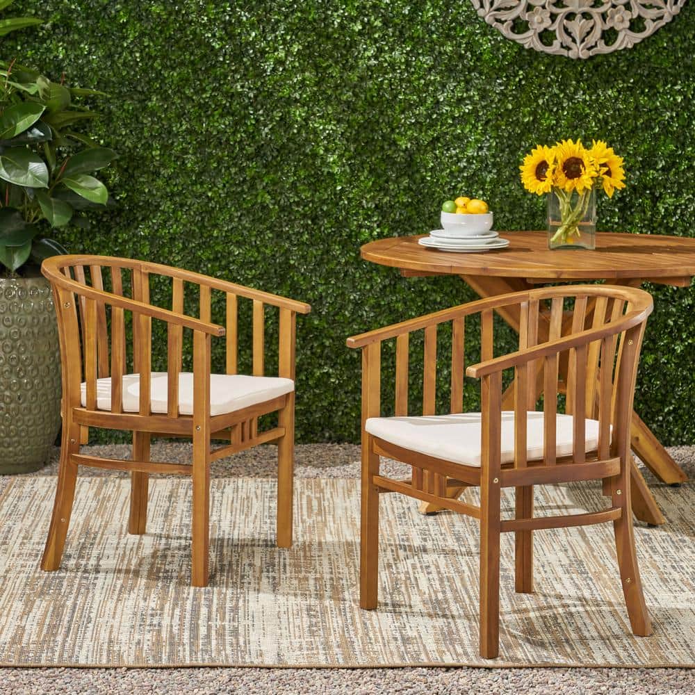Acacia Wood Outdoor Dining Chairs with Water Resistant Beige Cushions (Set 