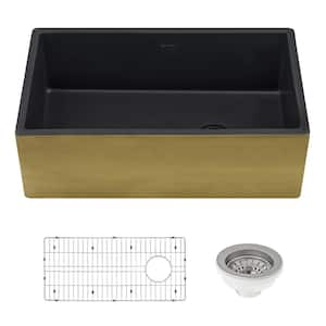 Fiamma Black and Gold Fireclay 30 in. Single Bowl Farmhouse Apron Offset Drain Kitchen Sink with Bottom Grid