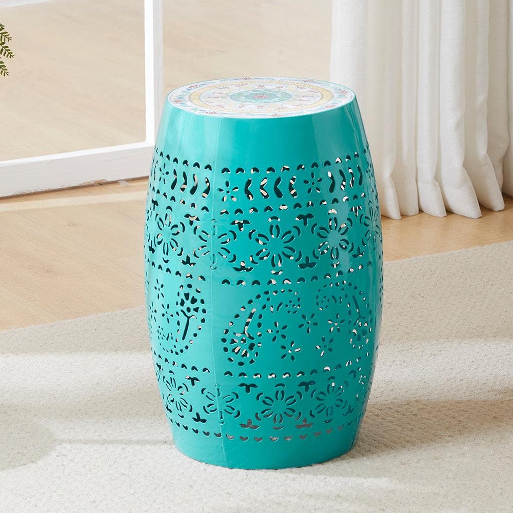 12 in. Ceramic Tile Iron Side Table -Lake Blue, for snacks, beverages, and 