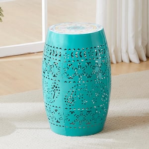 12 in. Ceramic Tile Iron Side Table -Lake Blue, for snacks, beverages, and plants, perfect for indoor and outdoor use