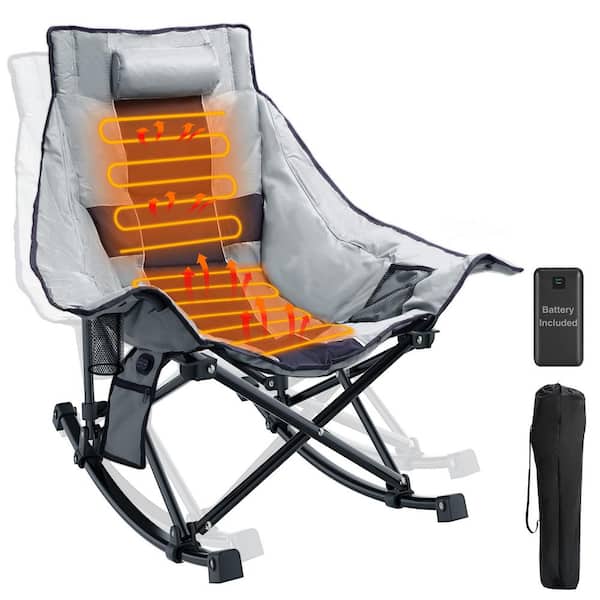 SEEUTEK Grey and Black Oversized Heated Rocking Camping Chair, Portable Folding Heated Chairs Outdoor Sports with Power Bank