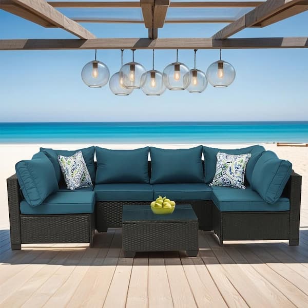 Unbranded 7 -Piece Dark Coffee Wicker Outdoor Conversation Sectional Set with Peacock Blue Cushions, Coffee Table