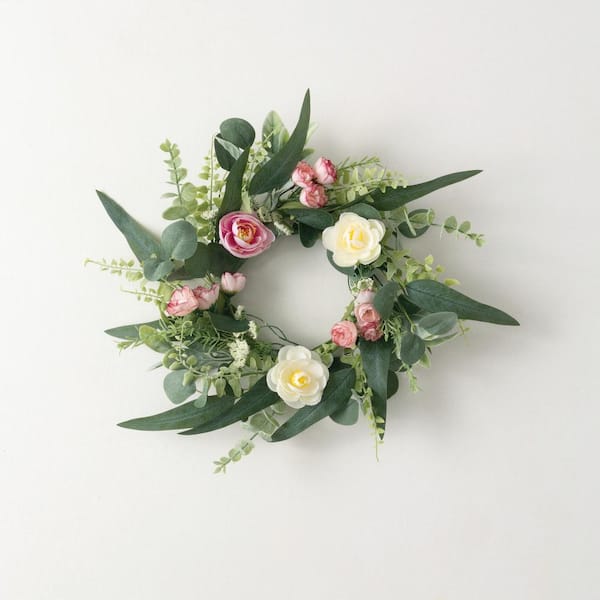 SULLIVANS 16.5 in. Artificial Ranunculus Mini Blossom Mini Wreath, Pink