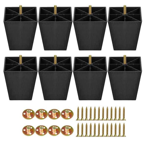Angel Sar 4 in. Black Plastic Sofa Legs with T-nuts and Screws for Chairs, Cabinets, Dressers and Beds (8-Pack)