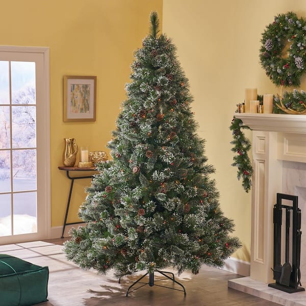 Noble House 7 Ft Pre Lit Cashmere Pine Artificial Christmas Tree With Multi Colored Lights Snowy Branches And Pinecones 54720 The Home Depot