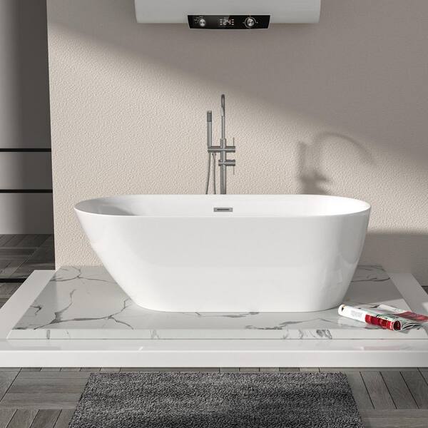 67 in. x 29 in. Acrylic Flatbottom Freestanding Oval Soaking Bathtub in White with Overflow and Pop-Up Drain
