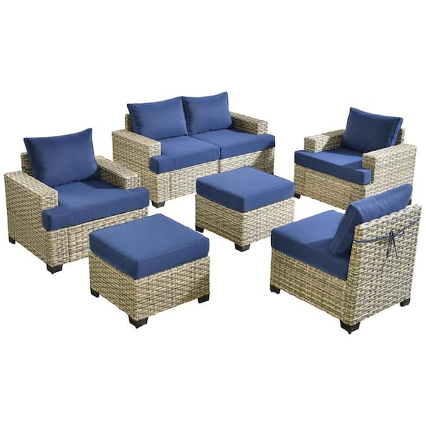 Kelleys 7-Piece Wicker Modern Outdoor Patio Conversation Sofa Seating Set with Navy Blue Cushions