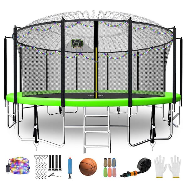 16 ft. Round Backyard Trampoline with Basketball Hoop, Safety Enclosure, Sprinkler, Lights, Socks and Wind Stakes