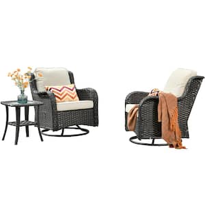 Oreille Brown 3-Piece Wicker Outdoor Patio Conversation Swivel Rocking Chair Set with a Side Table and Beige Cushions