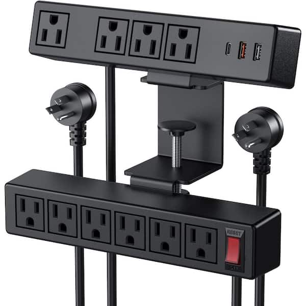 Dual Layer Desk Clamp 6.5 ft. Power Strip, 20W Under Desk Mount Charging Station with 10 Outlets 3 USB Ports in Black