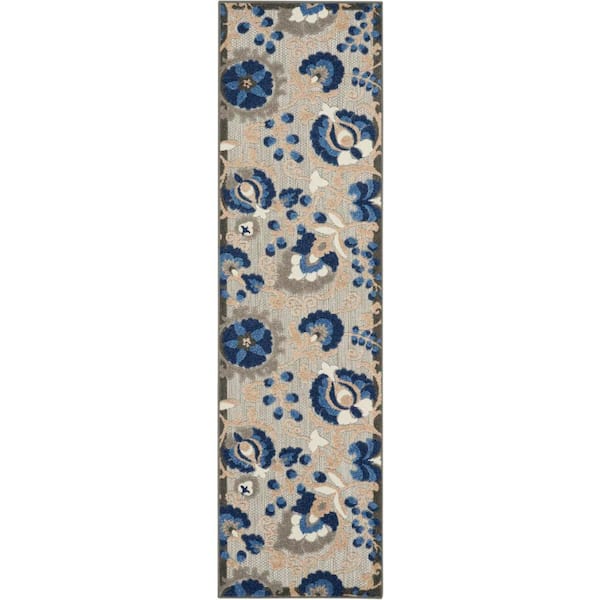 Nourison Aloha Blue 2 ft. x 12 ft. Kitchen Runner Floral Modern Indoor/Outdoor Patio Area Rug
