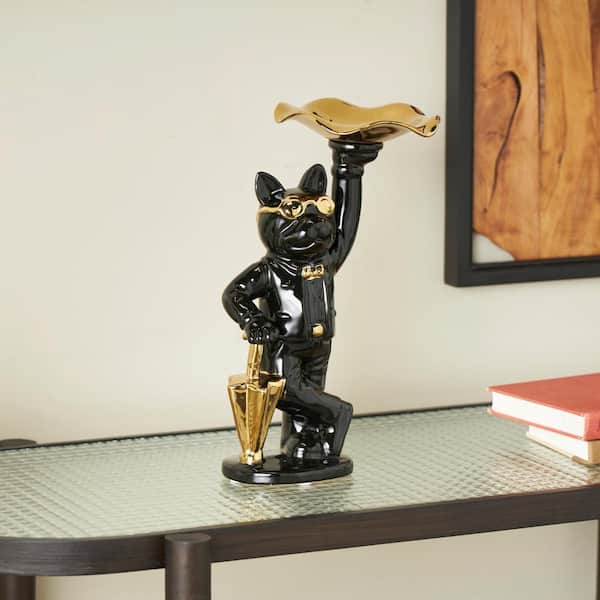 Litton Lane 6 in. x 13 in. Black Ceramic Bulldog Sculpture with Gold Accents