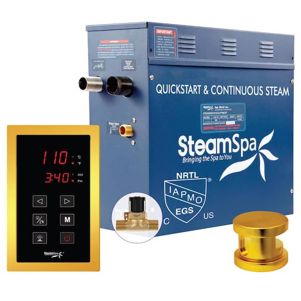 SteamSpa Oasis Series 6kW Steam Bath Generator with Continuous Steam Quick Start Technology and Aroma Scent Pump in Gold