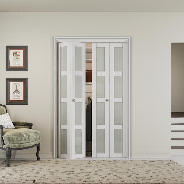ARK DESIGN 48 in. x 80.5 in. 4 Lite Tempered Frosted Glass Solid Core White Finished Composite Bi-fold Door with Hardware Kit