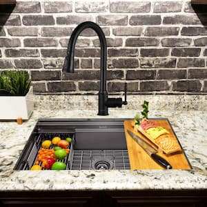 All-in-One Matte Black Finished Stainless Steel 32 in. x 18 in. Undermount Kitchen Sink with Pull-down Faucet