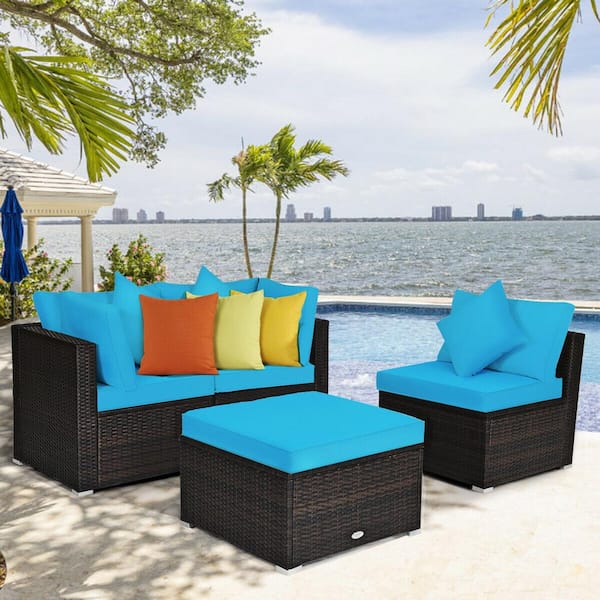 Liviza 4-Piece Outdoor Wicker Patio Conversation Set Brown Finish with Turquoise Cushions and Pillows