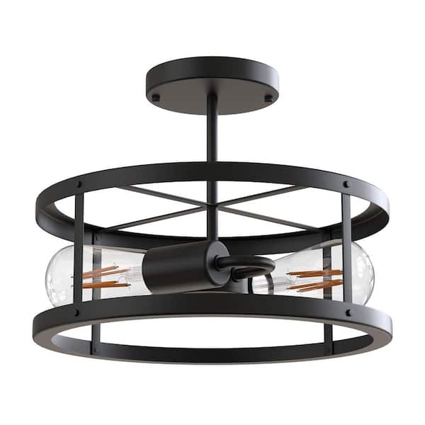 13 in. 2-Light Matte Black Drum Flush Mount Lighting Dimmable Metal Ceiling Light Fixture for Living Rooms