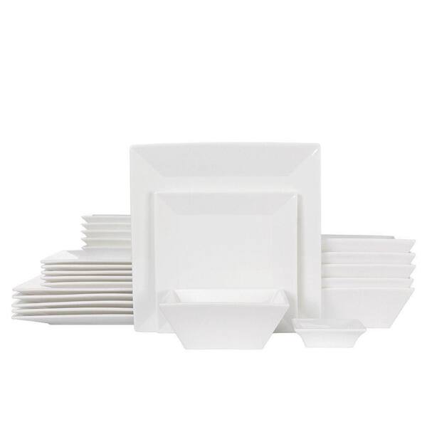 24-Piece Classic Square Off White Porcelain Dinnerware Set with Plates Bowls and Dipping Saucers for 6