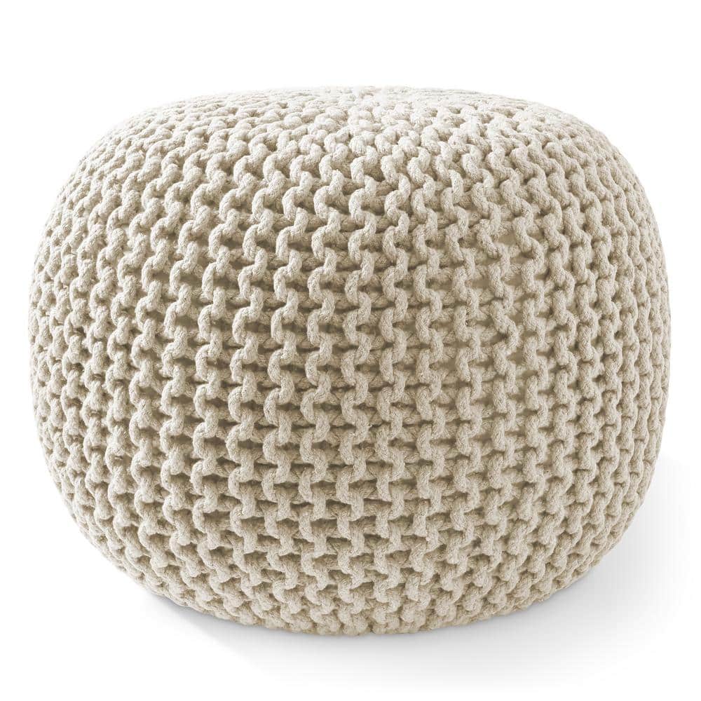 Natural Cotton Knit Round Pouf Ottoman, 20" x 14.5"