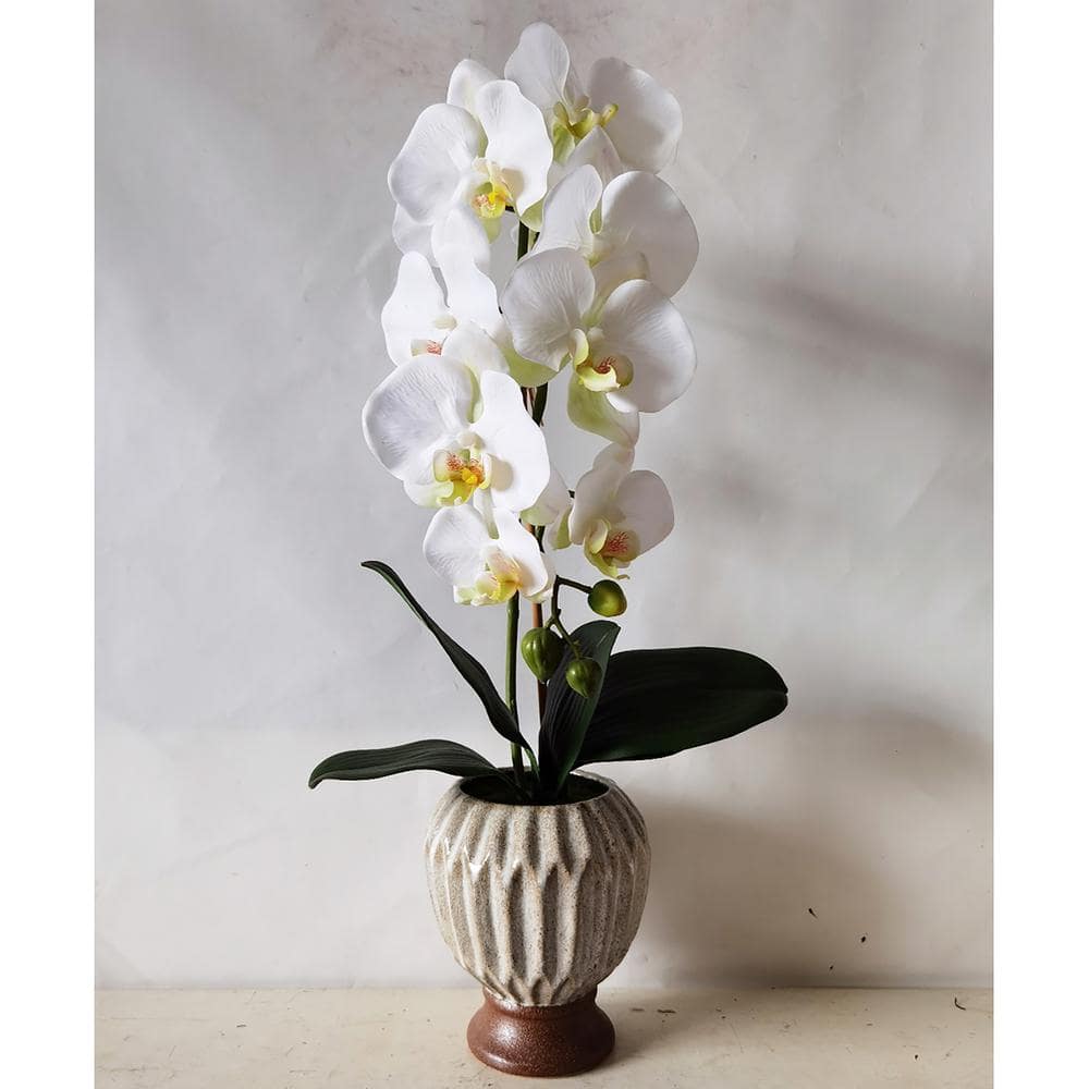 24in Artificial Phalaenopsis Orchid Flower Arrangement in Tan Origami Pot | Flowers for Home shops Decor Tall Faux Silk Orchid Floral Arrangement