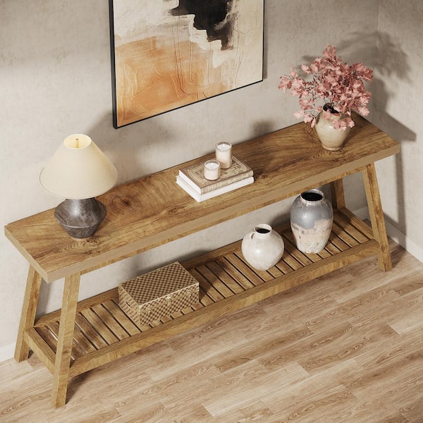 Turrella 70.9 in. Light Brown Rectangle Wood Console Table with 2-Tier Storage for Living Room