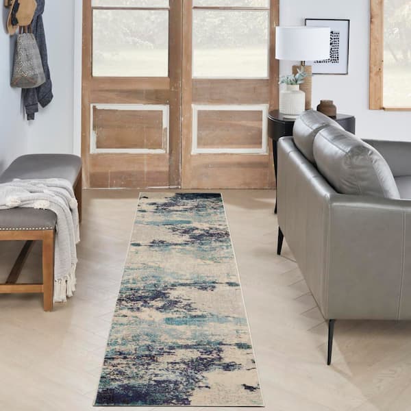 Celestial Ivory/Teal Blue 2 ft. x 10 ft. Abstract Modern Kitchen Runner Area Rug