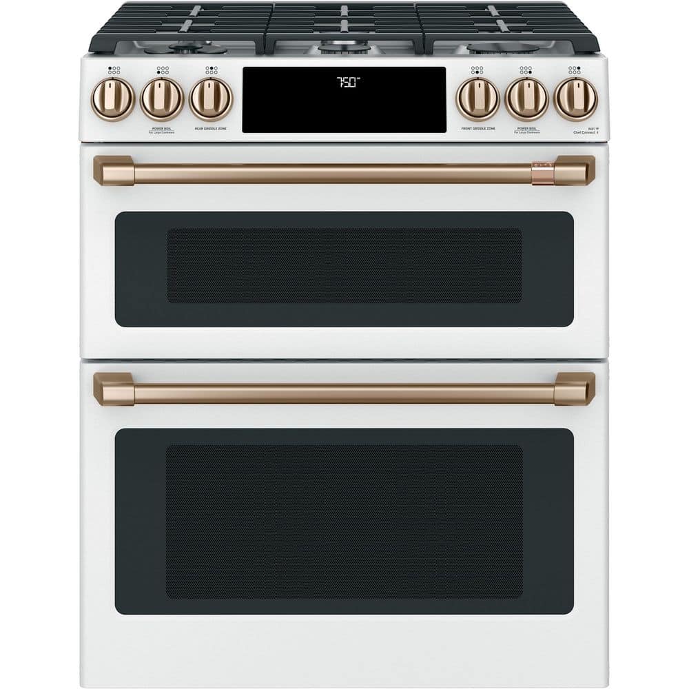30 in. 6.7 cu. ft. Smart Slide-In Double Oven Gas Range in Matte White with True Convection, Air Fry