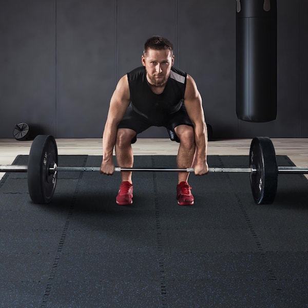 Gym Floor Mats 12 Tiles Rubber Top with EVA Foam 25 in. x 25 in. x 0.56 in. T with 48 sq. ft. Coverage Black and Blue