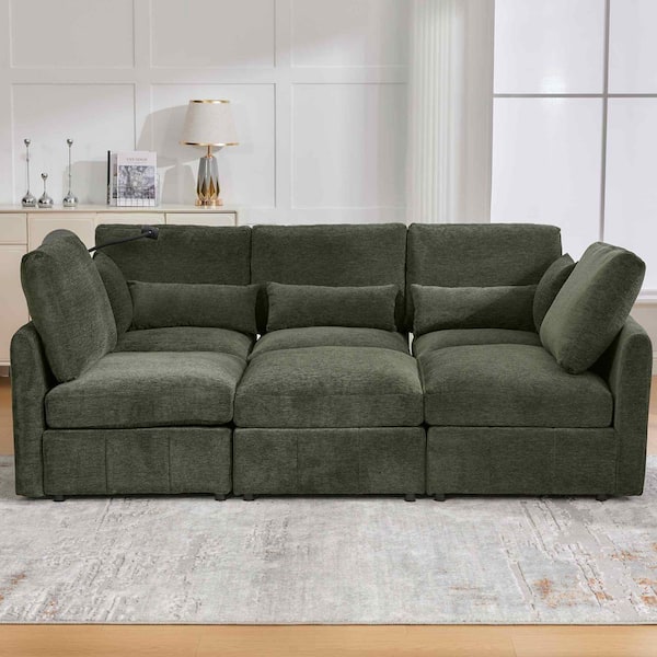 85.4 in. Round Arm Chenille Sectional Sofa with a Movable Ottoman and 2 USB Ports and a Phone Holder in Green