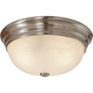 Small 1-Light Brushed Nickel Indoor/Outdoor Flush Mount Ceiling Fixture with White Alabaster Glass Bowl