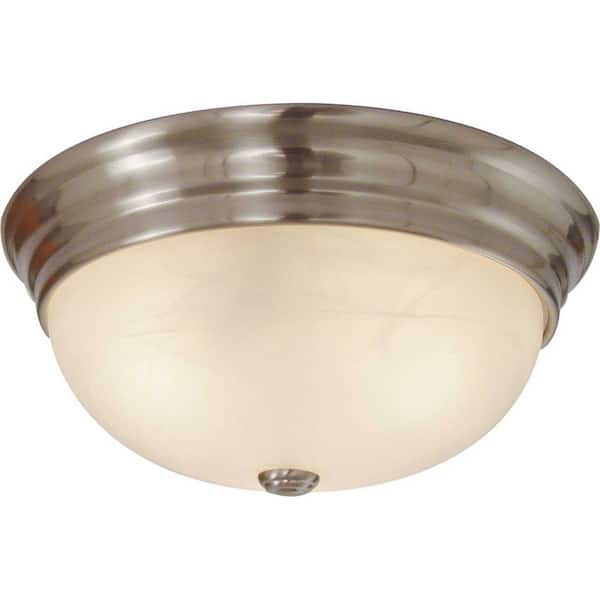 Volume Lighting Small 1-Light Brushed Nickel Indoor/Outdoor Flush Mount Ceiling Fixture with White Alabaster Glass Bowl