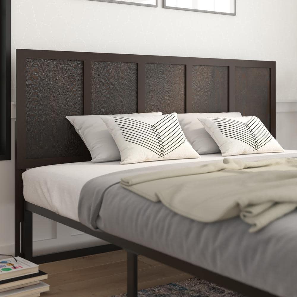 King Dark Brown Solid Wood and Metal Paneled Headboard