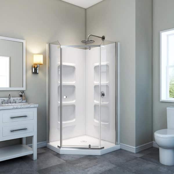 A&E Lizan 38.5 in. x 75 in. Frameless Shower Wall and Base Kit with Corner Drain, Clear Glass Walls and Low-Threshold Base