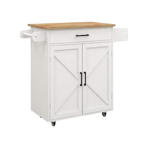 Rolling White Rubber Wood Tabletop 32 in. Kitchen Island with Adjustable Shelves