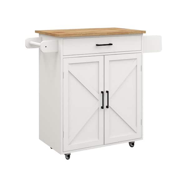 FAMYYT Rolling White Rubber Wood Tabletop 32 in. Kitchen Island with Adjustable Shelves