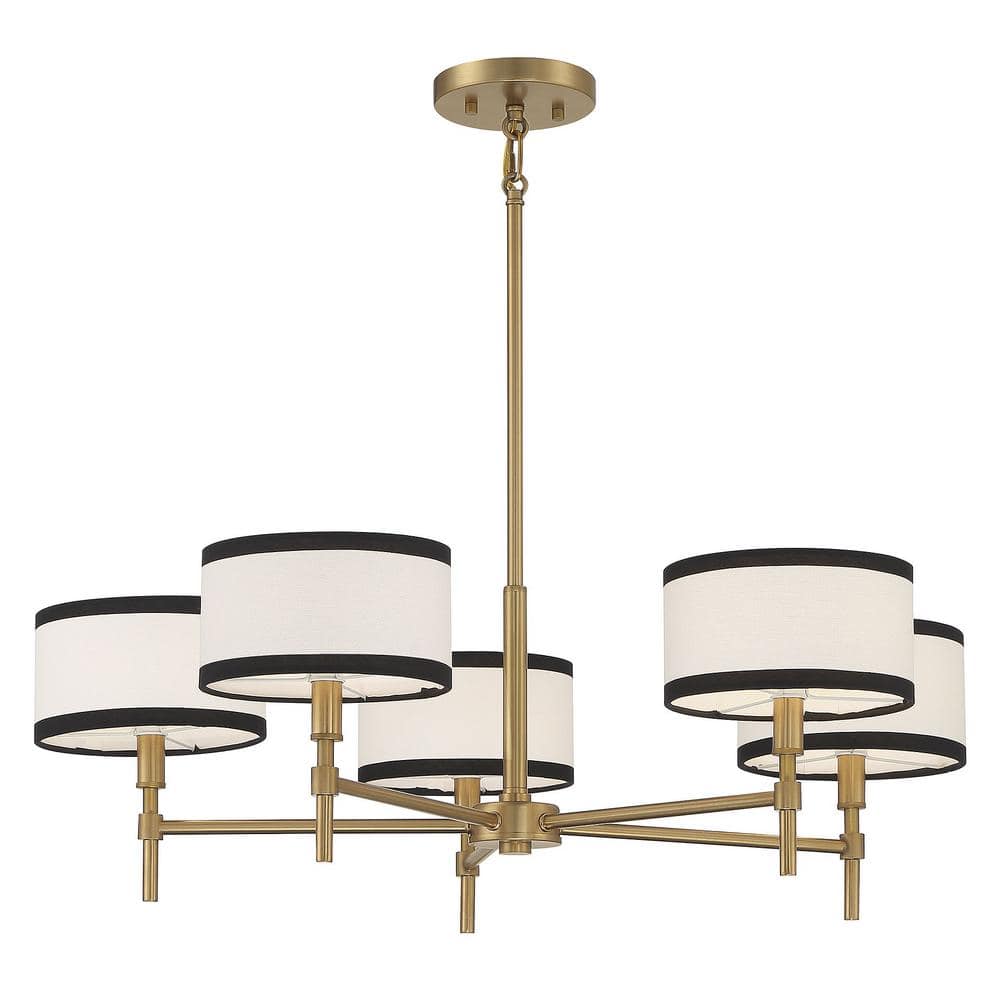 Meridian Classic 5-Light Chandelier in Natural Brass with Two-Tone Drum Shades