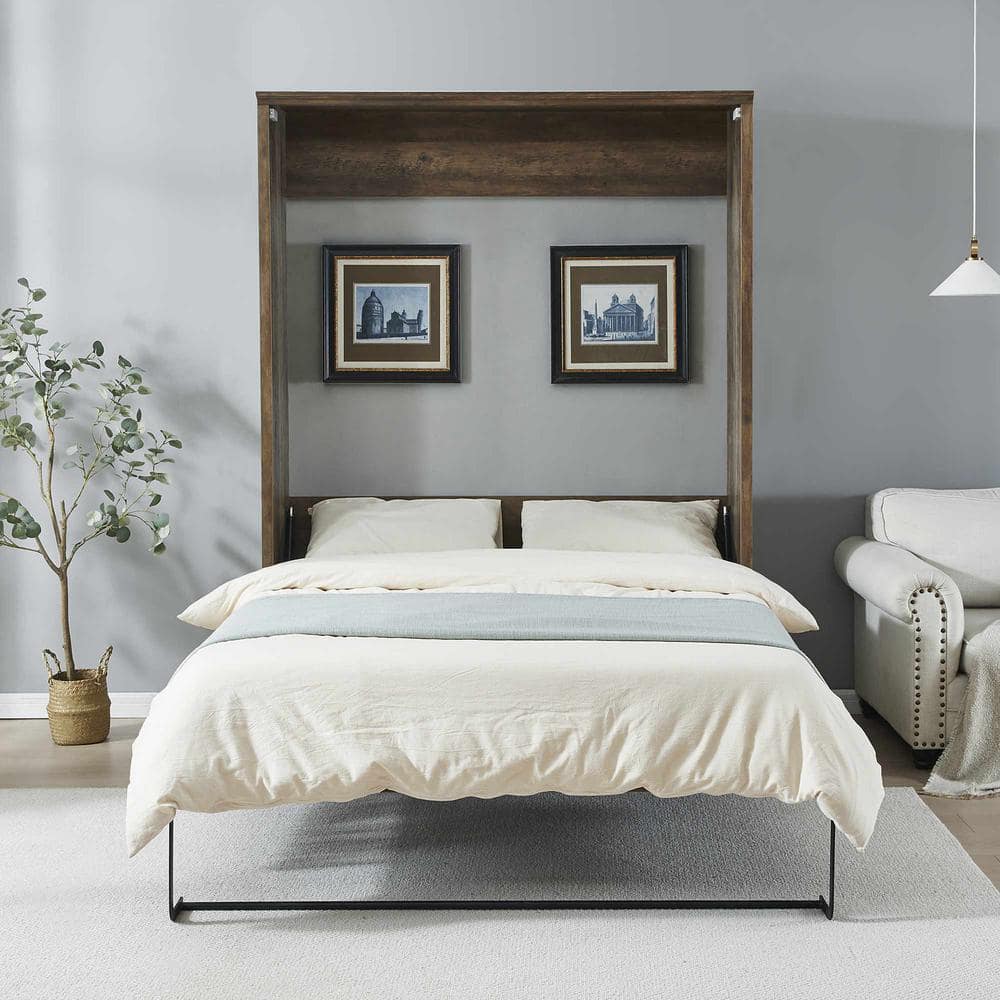 Brown Pine Wood Frame Queen Murphy Bed with Storage