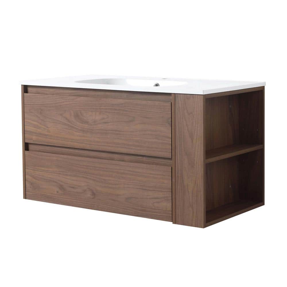 35.6 in. W x 18.1 in. D x 19.4 in. H Single Sink Floating Bath Vanity in Br