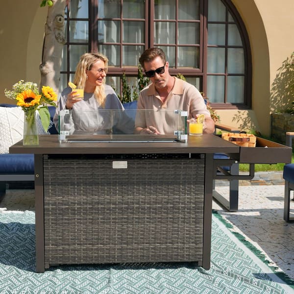 52 in. 50,000 BTU Wicker Outdoor Propane Fire Pit Table with Storage Shelf, Glass Wind Guard, Rain Cover, Brown
