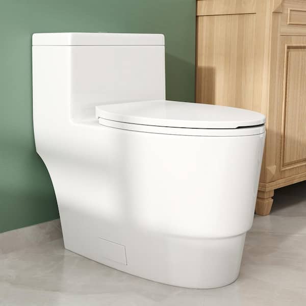 FURUISI 12 in. Rough In Size One Piece 1.1/1.6 GPF Dual Flush Elongated Toilet in White, Soft Closed Seat Included
