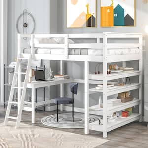 Multifunctional White Full Loft Bed with Desk, Ladder And Storage Shelves