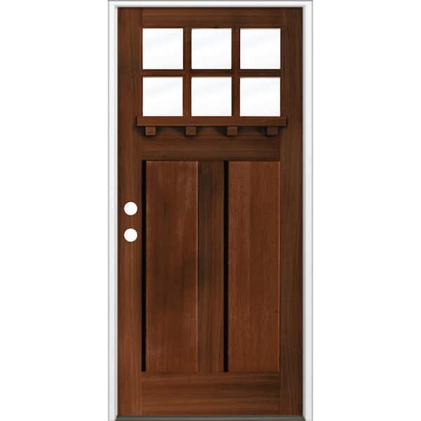 Krosswood Doors 36 in. x 80 in. Craftsman Right Hand 6-Lite Red Mahogany Stain Hemlock Prehung Front Door