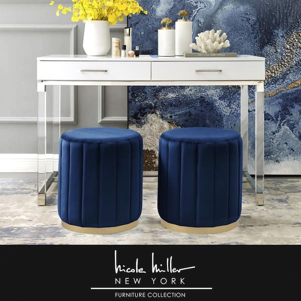 Nicole Miller Mohit Navy/Gold Velvet Round Ottoman with Metal Base