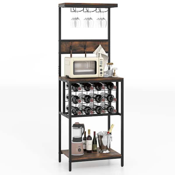 Freestanding 12-Bottle Brown Wine Rack with Glass Racks
