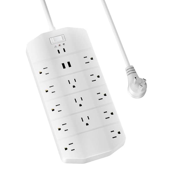 13-Outlet Power Strip Surge Protector with 2 USB-C PD 20W and 2 USB-A, 10 ft. Flat Plug Cord and Wall Mountable, White