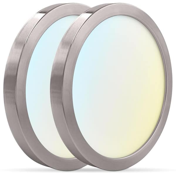 LUXRITE 7 in. Nickel Modern Flush Mount Ceiling Light Fixture LED Integrated 15-Watt 1000LM 5CCT 2700K-5000K Dimmable (2-Pack)