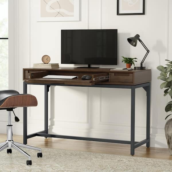 Simpli Home Banting 48 in. W Rectangle Walnut Brown Solid Hardwood Mid Century Small Desk