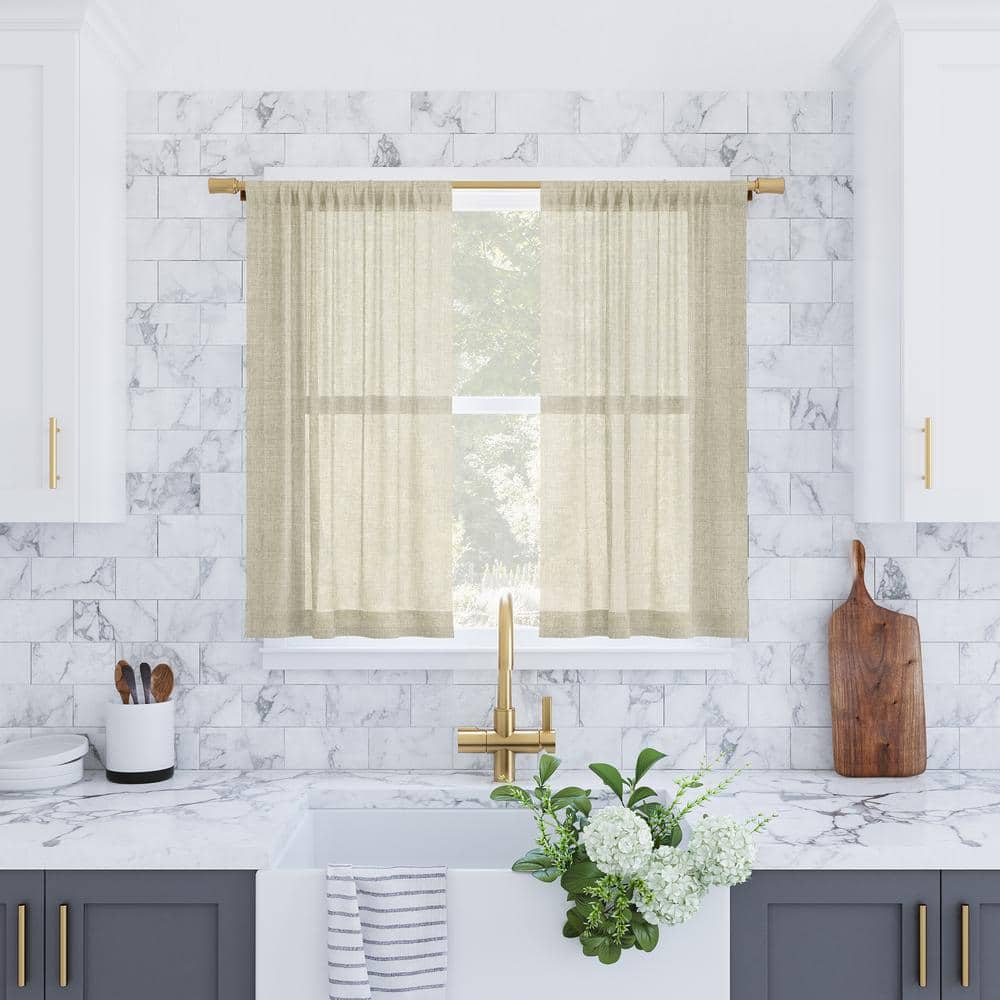 Linen Blend Sheer Cafe Curtain Pair, 56" x 24", Light Brown