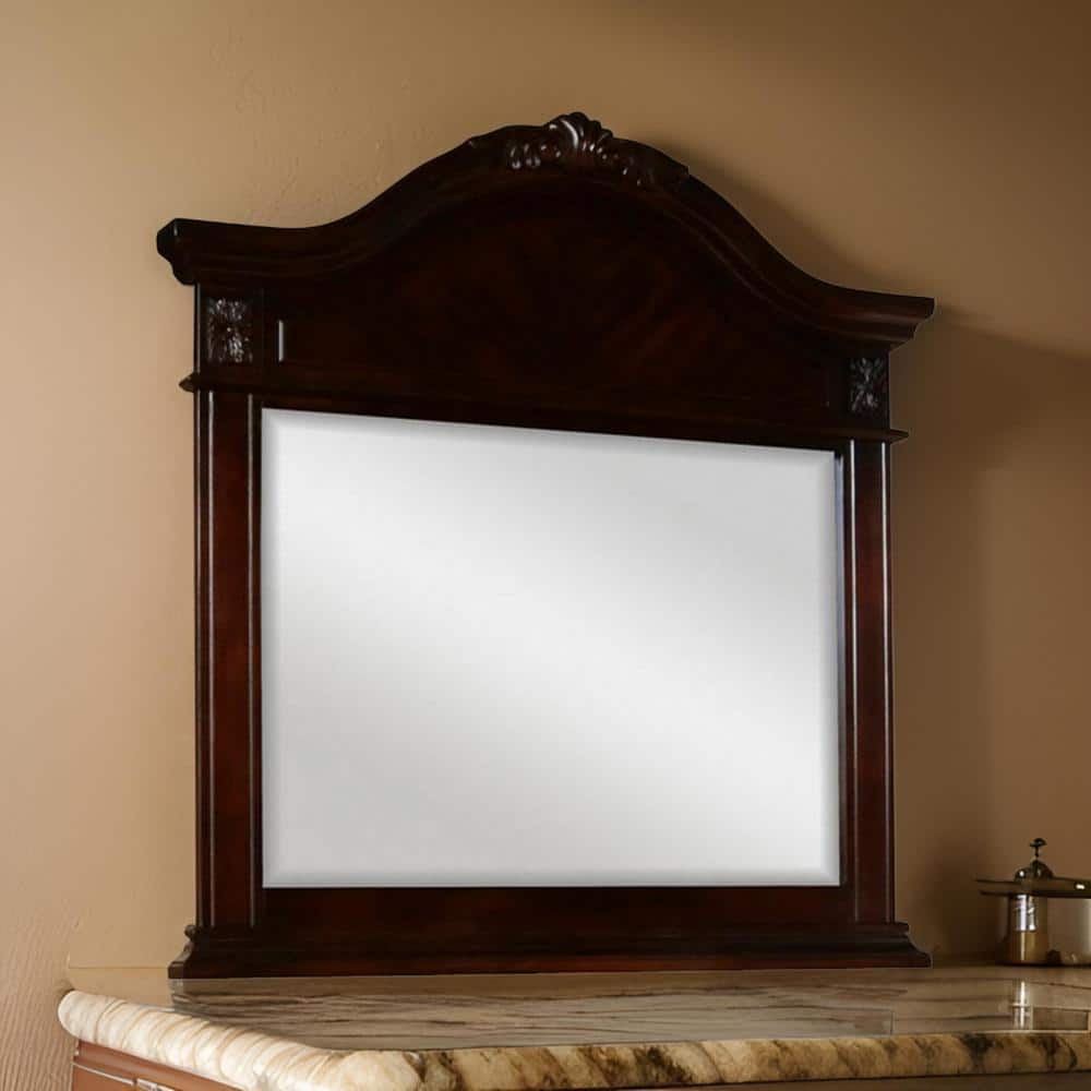Arched Dark Brown Maple Wood Dresser Mirror with Hand Carved Frame