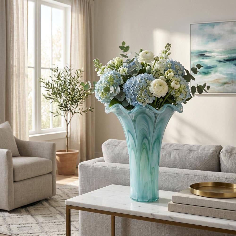 15 in. Blue Glass Trumpet-Shaped Ruffled Rim Decorative Vase price history on PriceWatchPro